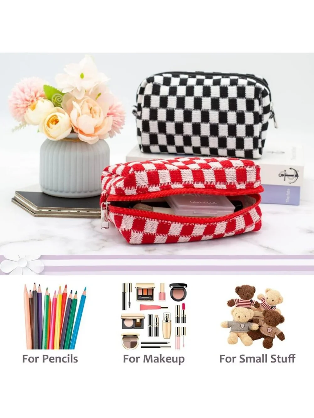 Cute Checkered Makeup Bag Set | Small Travel Cosmetic Pouches for Women